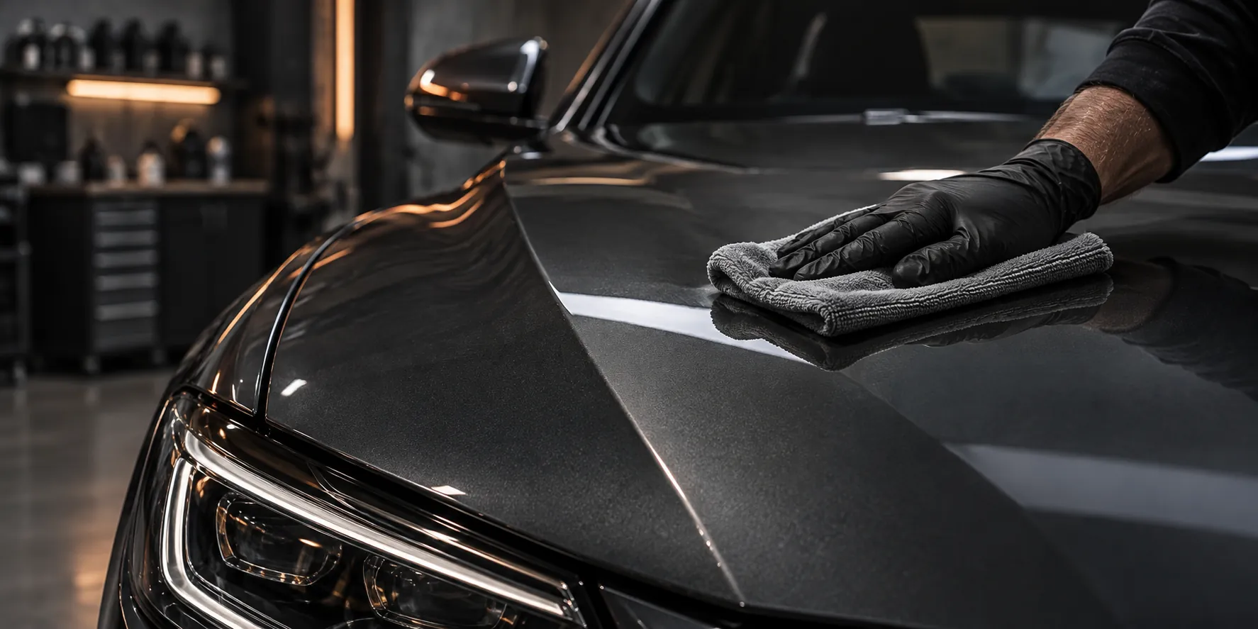 Symbolbild: behandschuhte Hand pflegt die Motorhaube eines dunklen Fahrzeugs mit einem Mikrofasertuch